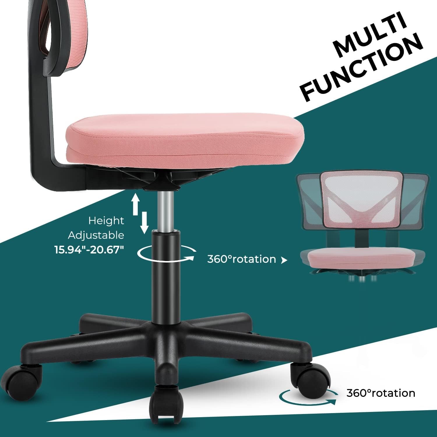 Armless Desk Chairs with Wheels, Ergonomic Adjustable Home Office Swivel Rolling Task Chair No Arms, Comfy Mesh Mid Back Computer Work Vanity Desk Seat for Small Spaces, Light Pink