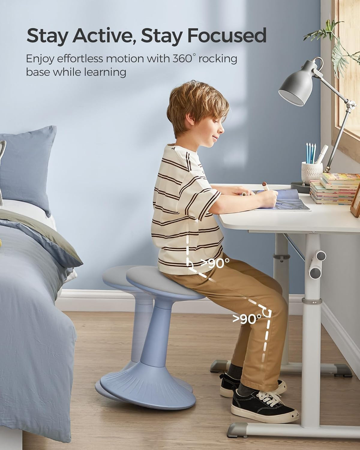 Kids Wobble Chair 6-12Y, Active Sitting Stool with Focus Support, 18.1" Height 154 Lb Capacity, Anti-Slip Base Tool-Free Assembly, Pale Blue and Dove Gray UOSC010Q01