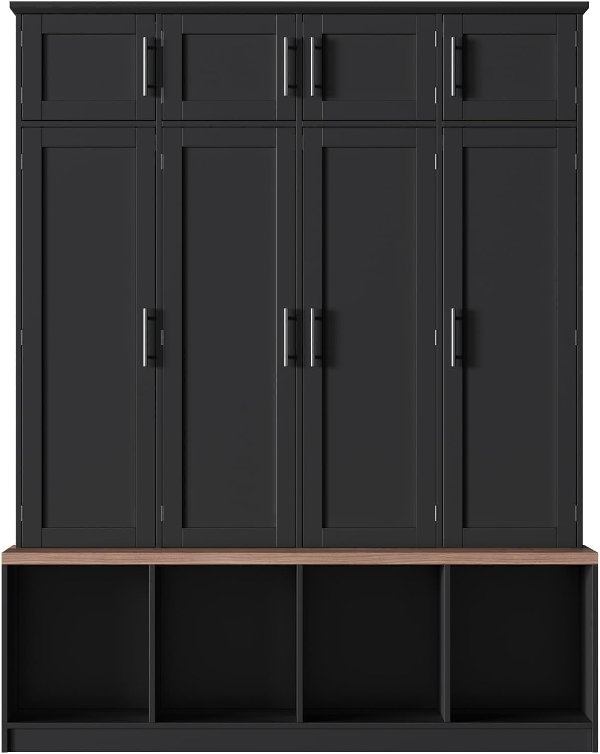 Hall Tree with Entryway Bench and Shoe Cabinet, Multi-Functional Seating Bench with 4 Hanging Hooks and 8 Doors, Black