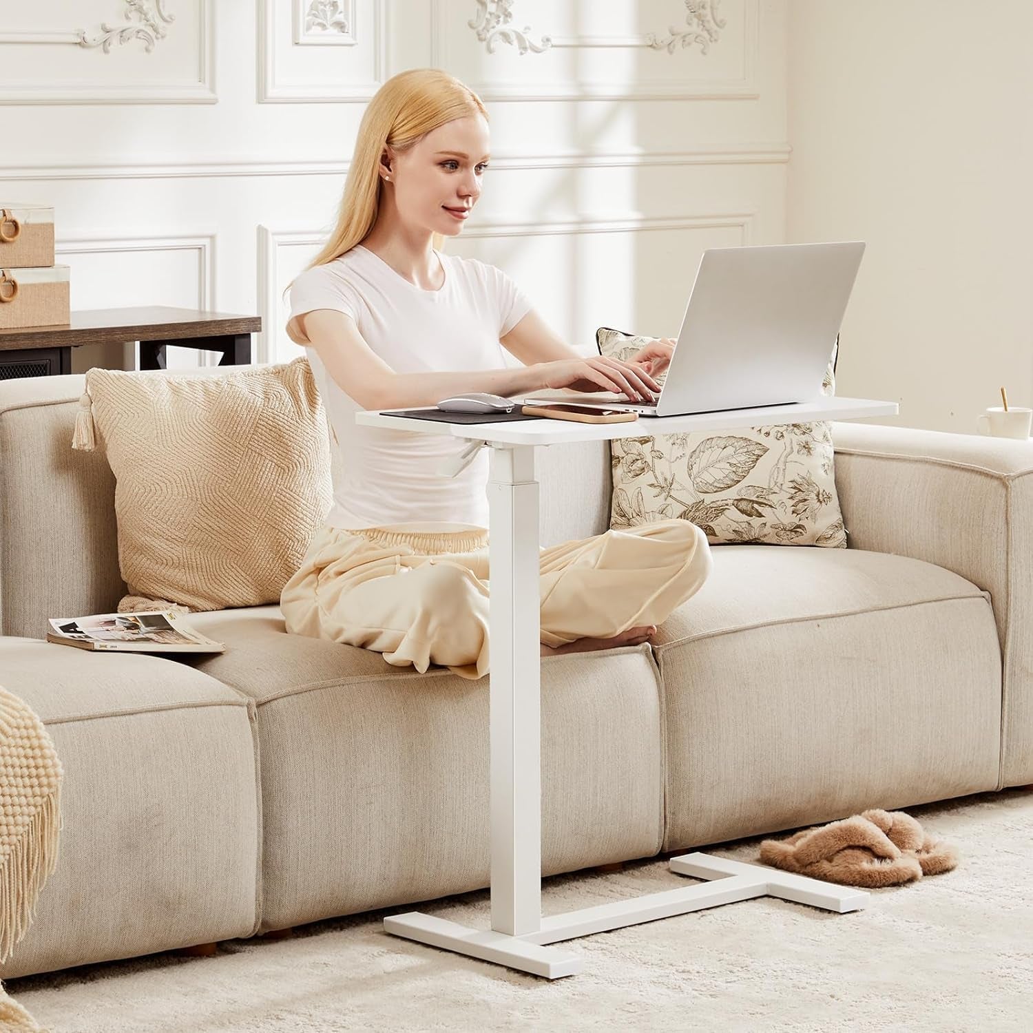 Overbed Bedside Table with Wheels, Adjustable Hospital & Home Use Bed Rolling Laptop Table, Mobile Standing Desk, White
