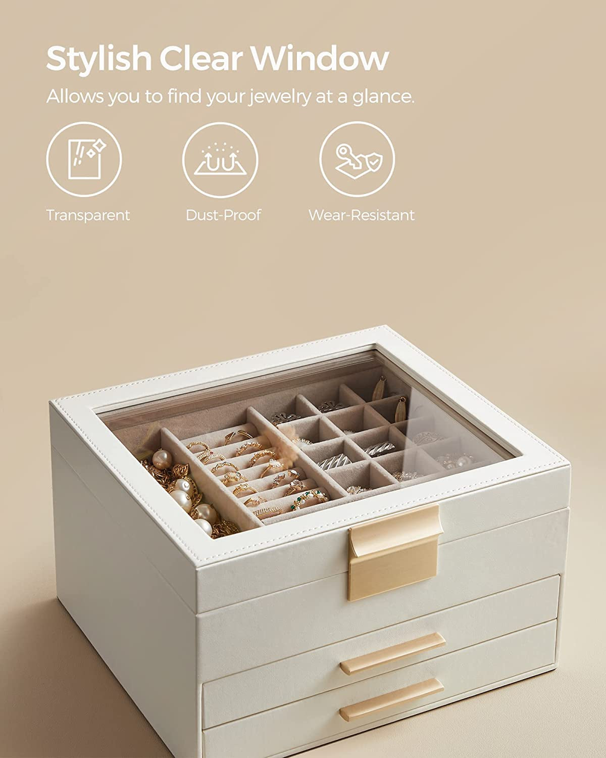 3-Layer Jewelry Box and 12-Slot Watch Box Bundle, Jewelry Organizer with Glass Lid, for Big and Small Jewelry, Removable Watch Pillows, Cloud White and Ink Black UJBC239WT and UJWB12BK