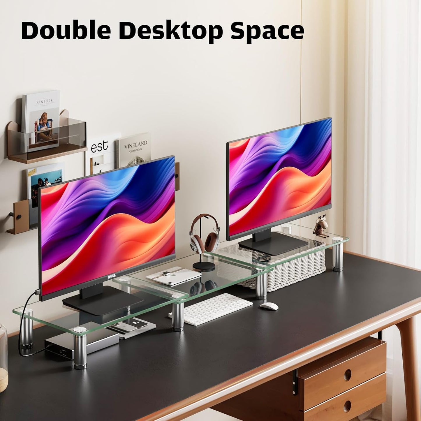 Dual Monitor Stand -Adjustable Length and Angle Dual Monitor Riser, Desktop Organizer for PC, Computer, Laptop (Clear)