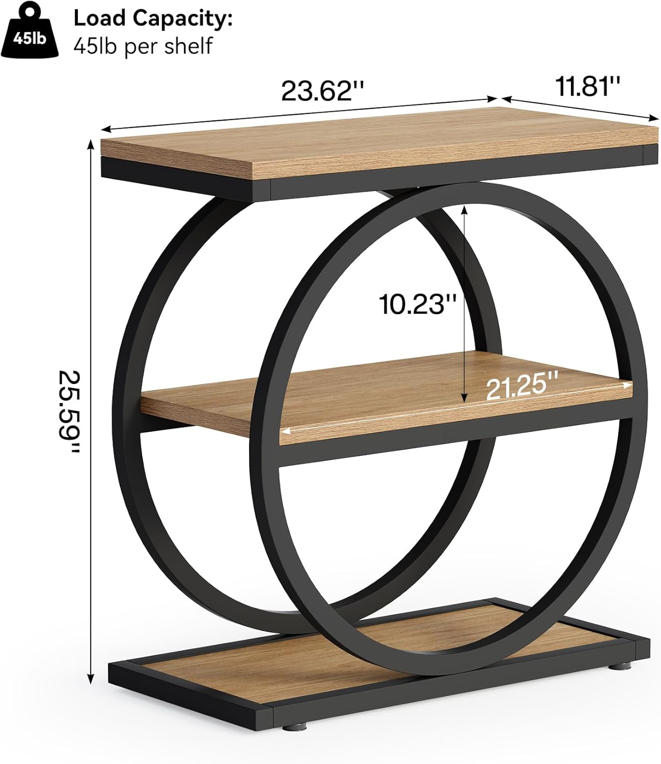 3-Tier End Table, Side Table with Storage Shelves, Small Sofa Side Table for Living Room, Wooden Side End Table with Double round Metal Legs, Slim Nightstand and Bedside Table, Oak