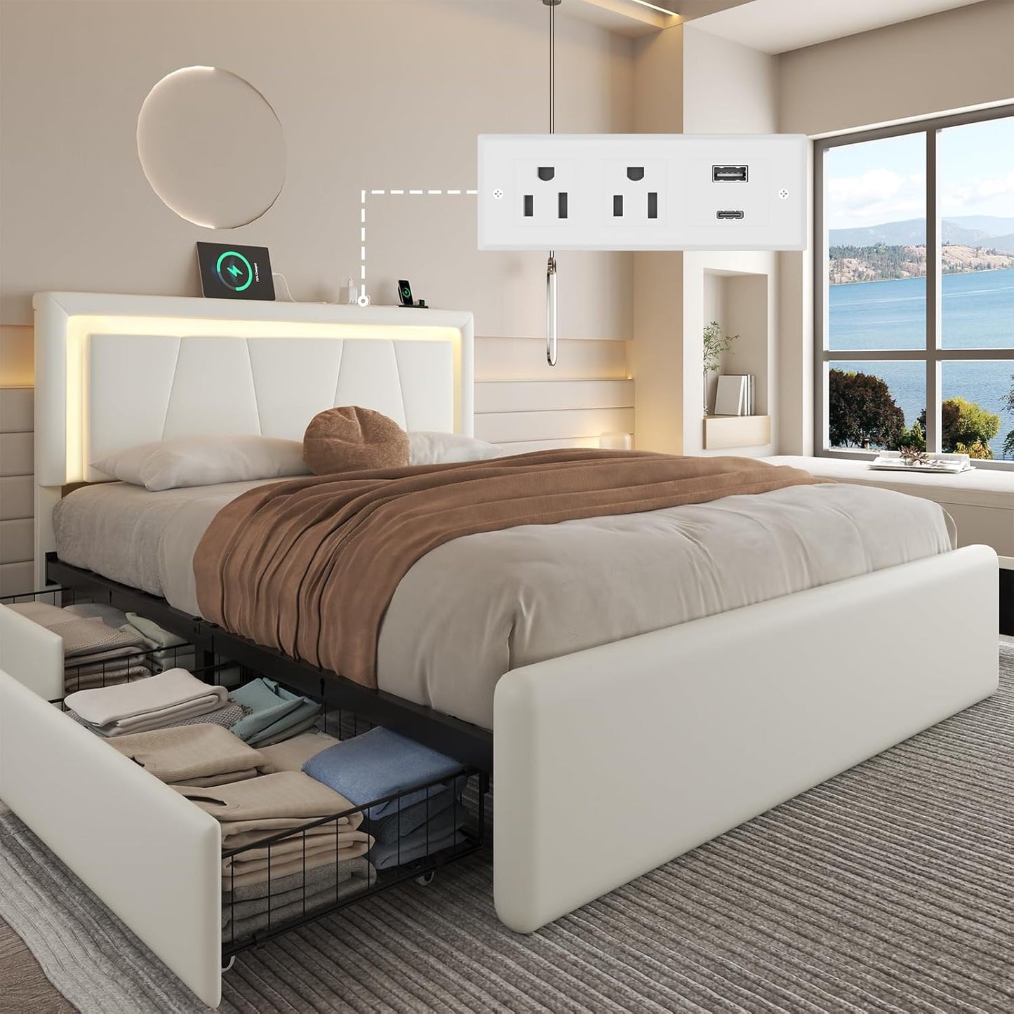 Queen Size Bed Frame with 4 Storage Drawers, Charging Station and LED Light, Adjustable Upholstered Headboard, Noise-Free, No Box Spring Needed, Easy Assembly, White