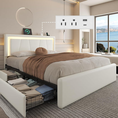 Queen Size Bed Frame with 4 Storage Drawers, Charging Station and LED Light, Adjustable Upholstered Headboard, Noise-Free, No Box Spring Needed, Easy Assembly, White