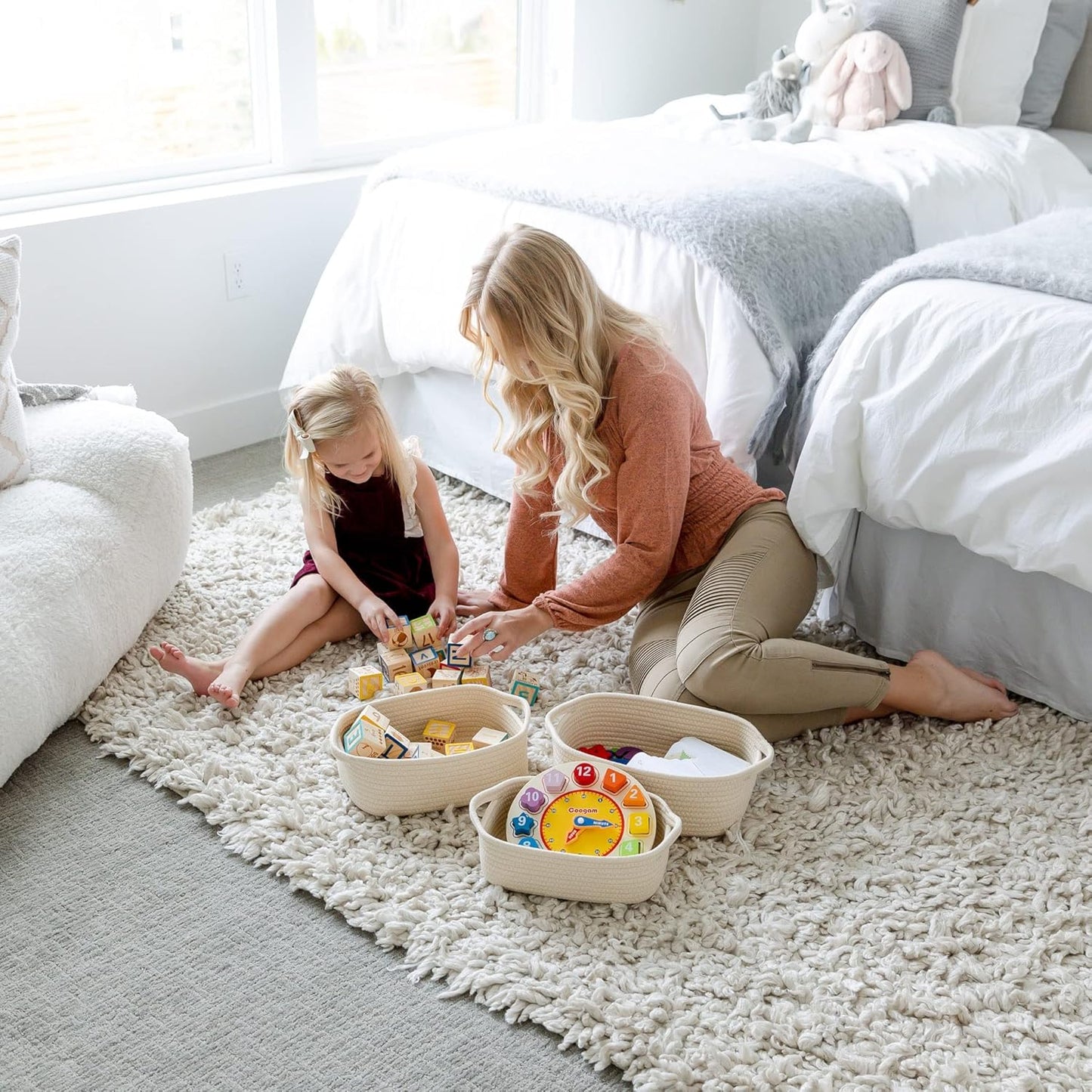 5-Piece Rectangle Storage Basket Set- Natural Cotton Rope Woven Baskets for Organizing! Small Basket for Montessori, Baby Nursery, Dog Toy Baskets, Cat Toy Box, Bathroom Organization Bin