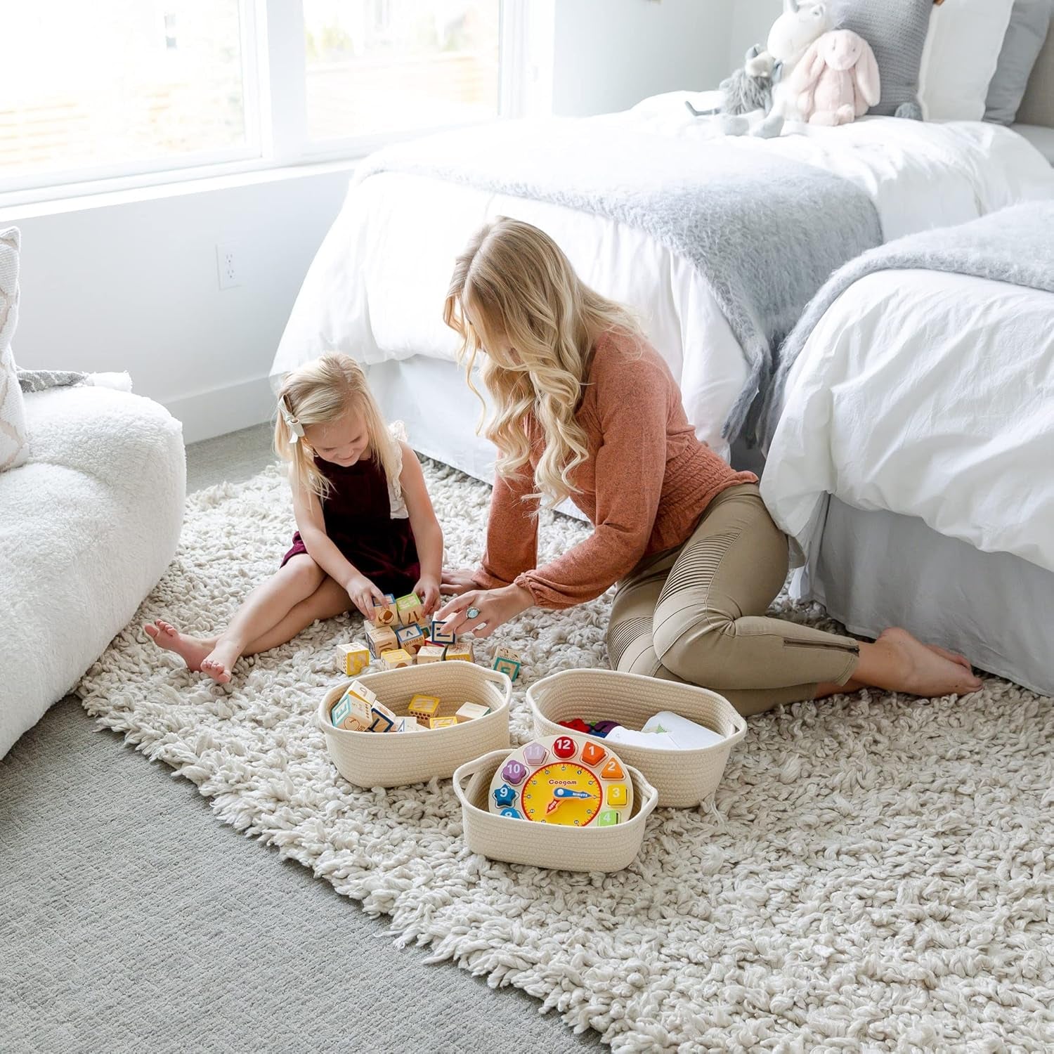 5-Piece Rectangle Storage Basket Set- Natural Cotton Rope Woven Baskets for Organizing! Small Basket for Montessori, Baby Nursery, Dog Toy Baskets, Cat Toy Box, Bathroom Organization Bin