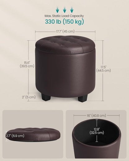 round Ottoman, Ottoman with Storage, 17.7 X 17.7 X 17.5 Inches, Foot Rest with Legs, Synthetic Leather, Load up to 330 Lb, for Living Room, Bedroom, Chestnut Brown ULOM014K01