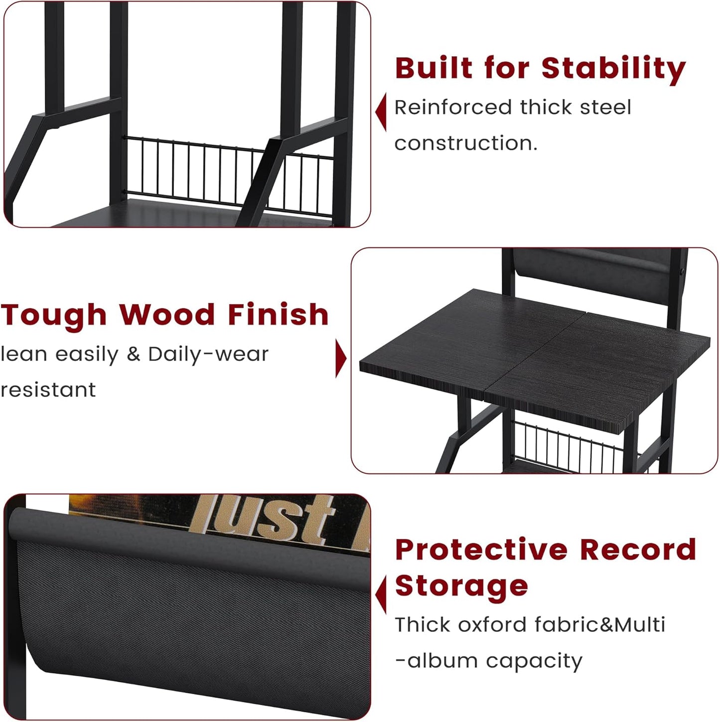 Record Player Stand with Vinyl Storage, Record Player Table Holds up to 200 Albums, 5-Tier Turntable Stand for Living Room, Black