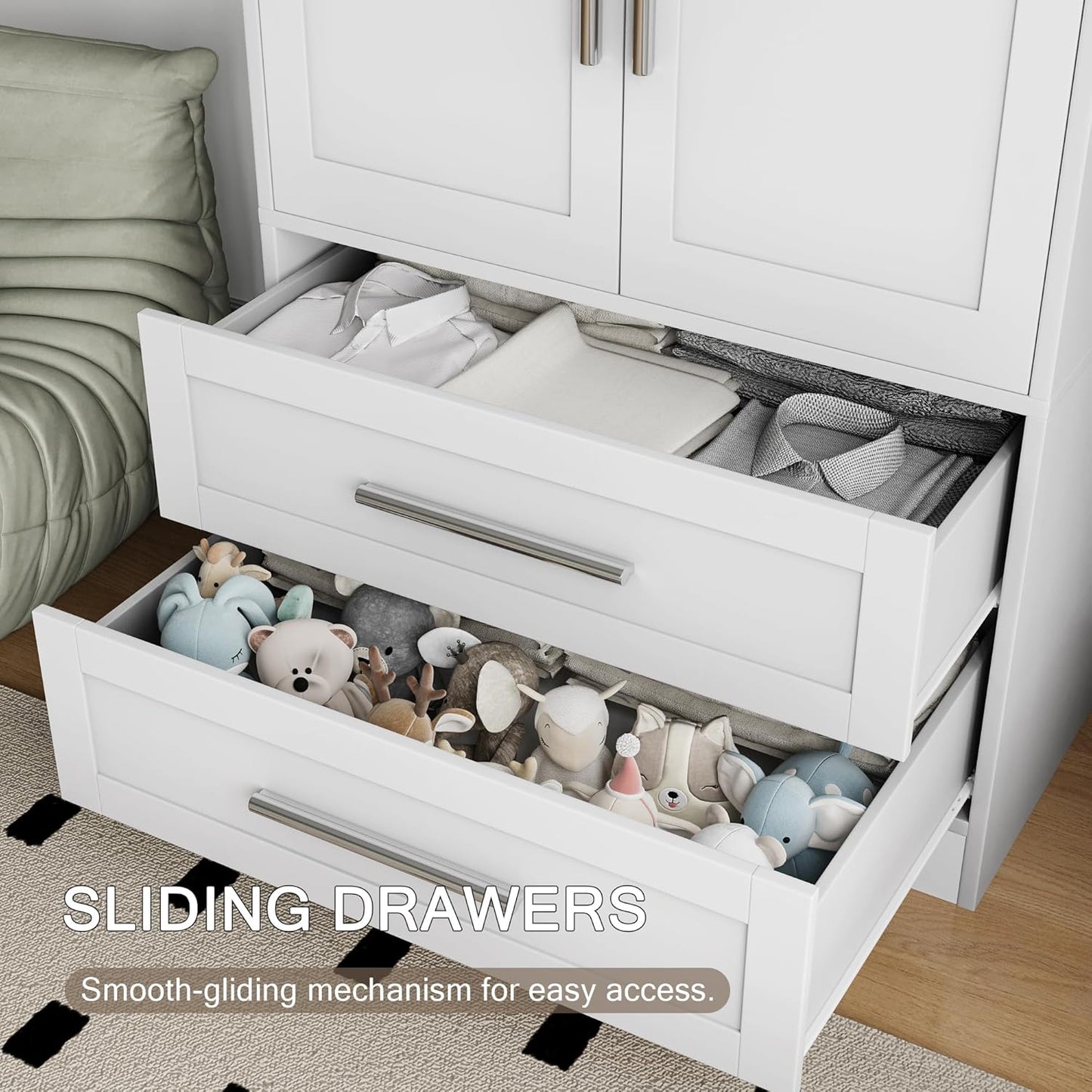 Wooden Armoire Wardrobe Closet with 2 Doors and 2 Drawers,Bedroom Freestanding Armoire Storage Cabinet with Shelves,Tall Clothing Storage Cabinet for Bedroom,White