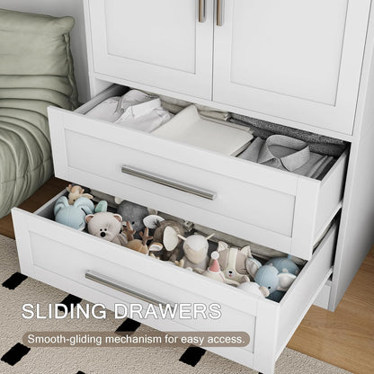 Wooden Armoire Wardrobe Closet with 2 Doors and 2 Drawers,Bedroom Freestanding Armoire Storage Cabinet with Shelves,Tall Clothing Storage Cabinet for Bedroom,White