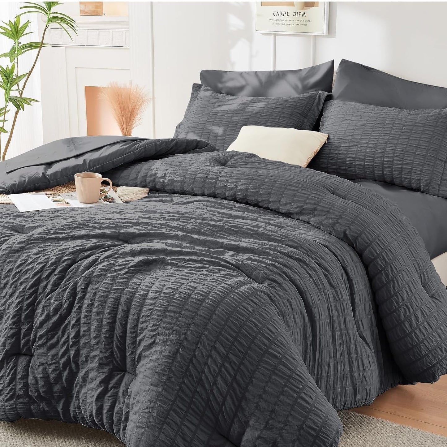 7 Piece King Size Comforter Set Seersucker, All Season Luxury Bed in a Bag for Bedroom, Bedding Set with Comforters, Sheets, Pillowcases & Shams, Dark Grey