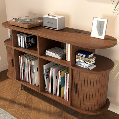 Solid Wood Large Circular Record Player Stand, Vinyl Record Storage Cabinet, Record Player Stand with Power Strip and USB Port, Suitable for Bedroom and Living Room (Walnut, Large)