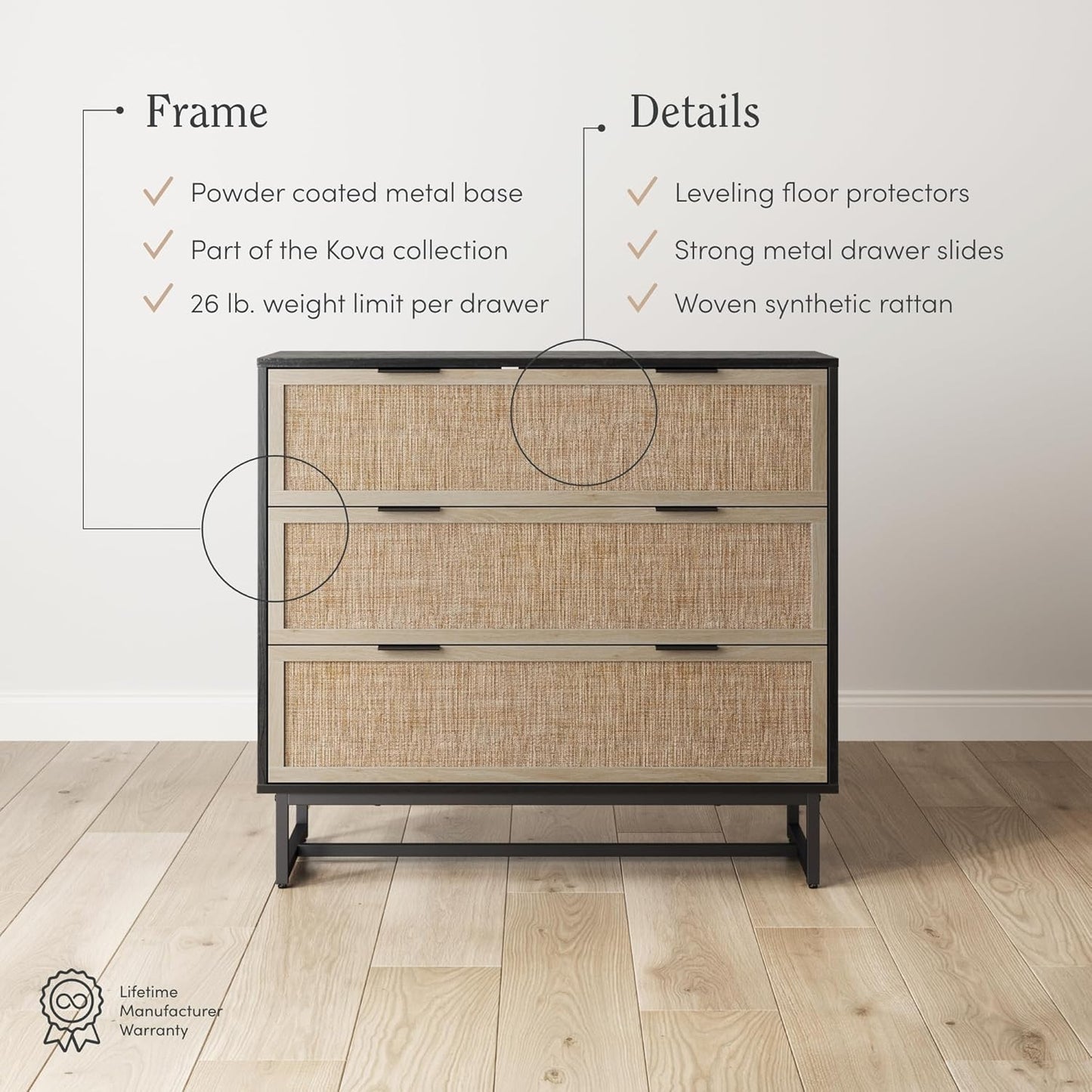 Kova Boho Dresser or Storage Cabinet with Drawers for Bedroom or Nursery with Textilene Rattan Accent and Metal Legs, Black Oak