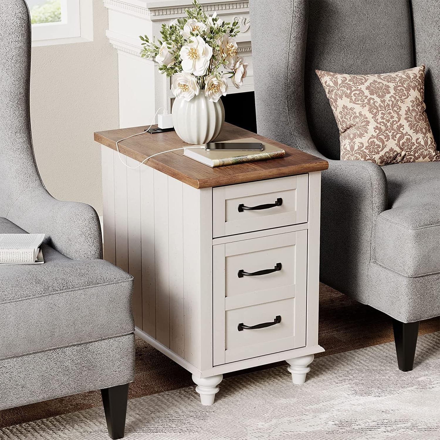 2 Piece Bedroom Set - Includes Mid Century 6 Drawer Dresser, Side Table with Charging Station & Storage Cabinet, 2 Piece Dresser and Nightstand Sets, White