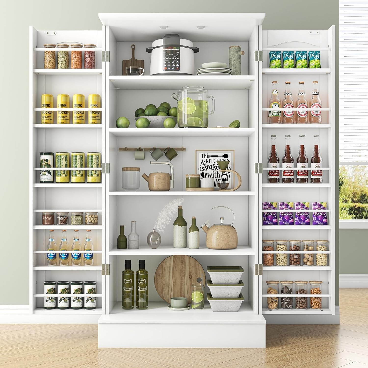 47” Pantry Cabinet, Kitchen Pantry Storage Cabinet with Doors and Adjustable Shelves,Freestanding Buffet Cupboards Sideboard for Living Room and Dinning Room (White)