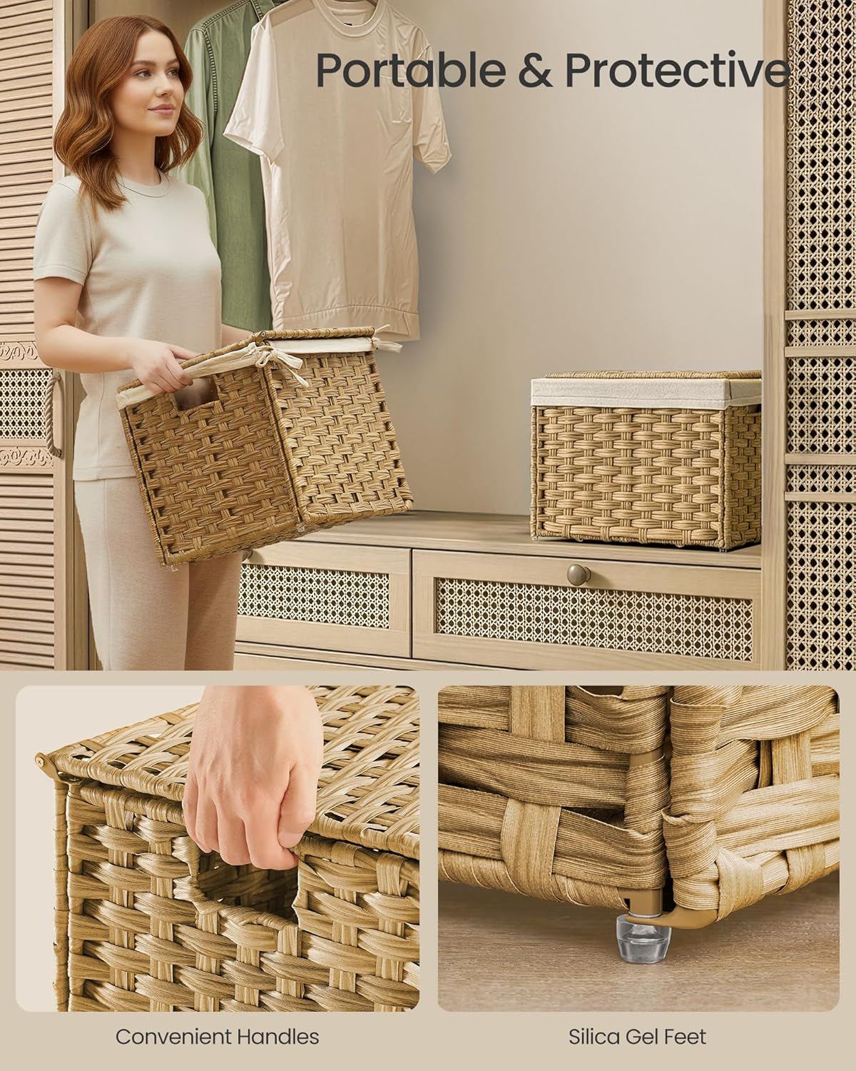 Storage Basket with Lid, Woven Blanket Storage Bin with Handles, Foldable, Removable Liner, Metal Frame, for Bedroom, Laundry Room, 9.2 Gallons (35 L), Natural URST040YE01