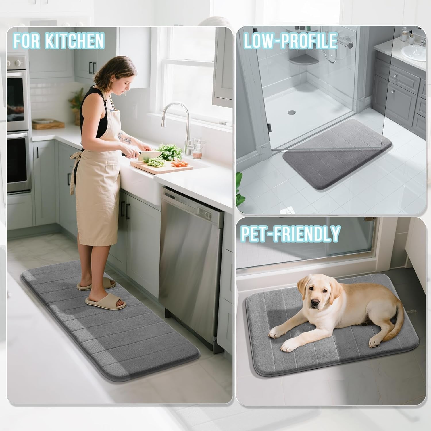 Memory Foam Bath Mat, Super Soft Absorbent Bathroom Rug Non Slip 24X17 Inch, Quick Dry, Machine Washable Floor Carpet for Tub Shower, Home Decor Accessories, Gray