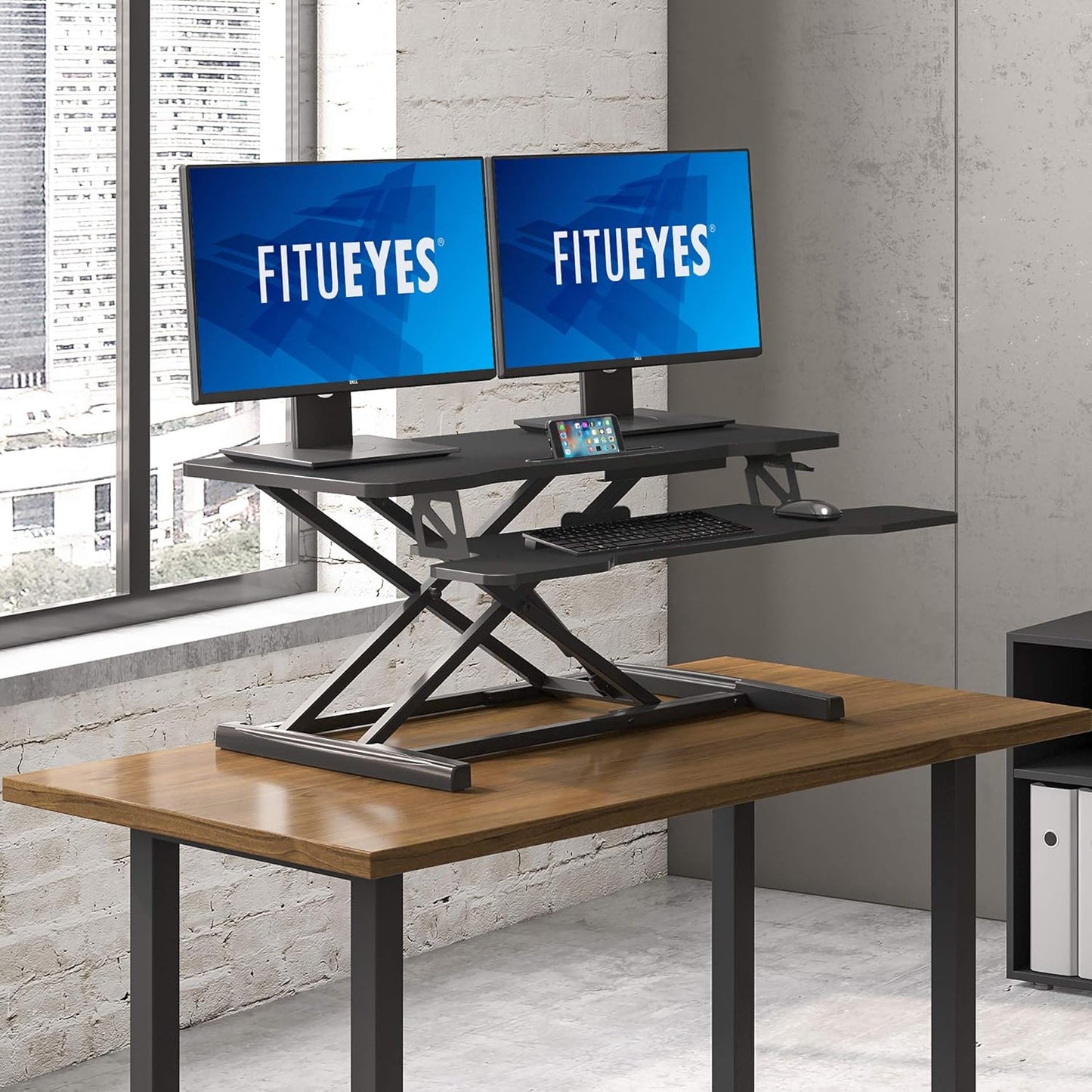 Black sit to stand desk converter for laptops and dual monitors, view 5