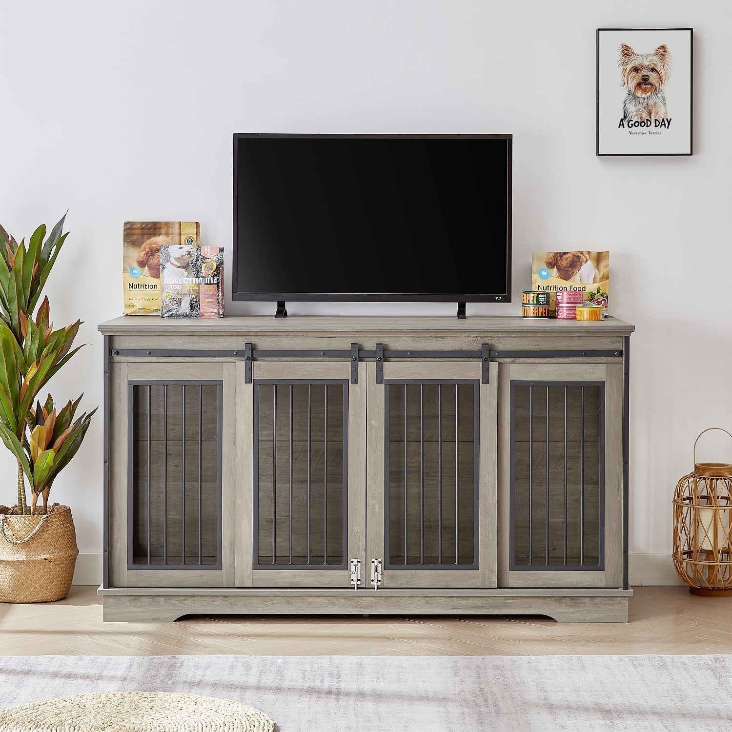 Large Dog Crate Furniture with Sliding Barn Door, 66.1" Wooden Kennel Indoor with Divider, TV Stand XXL for Large Dog or 2 Medium Dogs