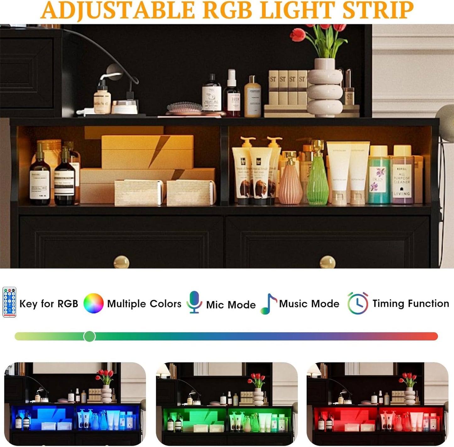 58.6" Large Vanity Desk with Sliding Mirror & Lights, Black Makeup Vanity Table & Nightstand Combo with Power Outlet and 6 Drawers 15 Shelves with Light Strips for Bedroom Dressing Room