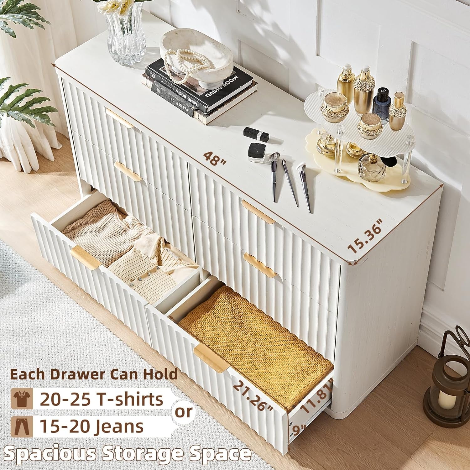 Fluted 6 Drawers Dresser, 48" Wide Modern Chest of Drawers with Wood Grain Top, Curved Profile Design, Dresser TV Stand, Wood Drawer Organizer for Bedroom, Living Room, Antique White