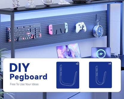 60 Inch L Shaped Gaming Desk with LED Lights and Power Outlets Reversible Corner Computer Desk with Pegboard Storage Shelves Home Office Table for Work Study White