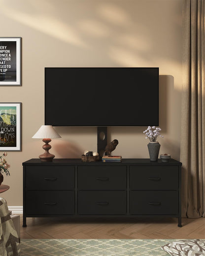 TV Stand with Mount, Fabric Dresser with 6 Drawers for 32/45/55/60/65/75 Inch Tvs, Black Dresser Entertainment Center, Modern Media TV Console Table
