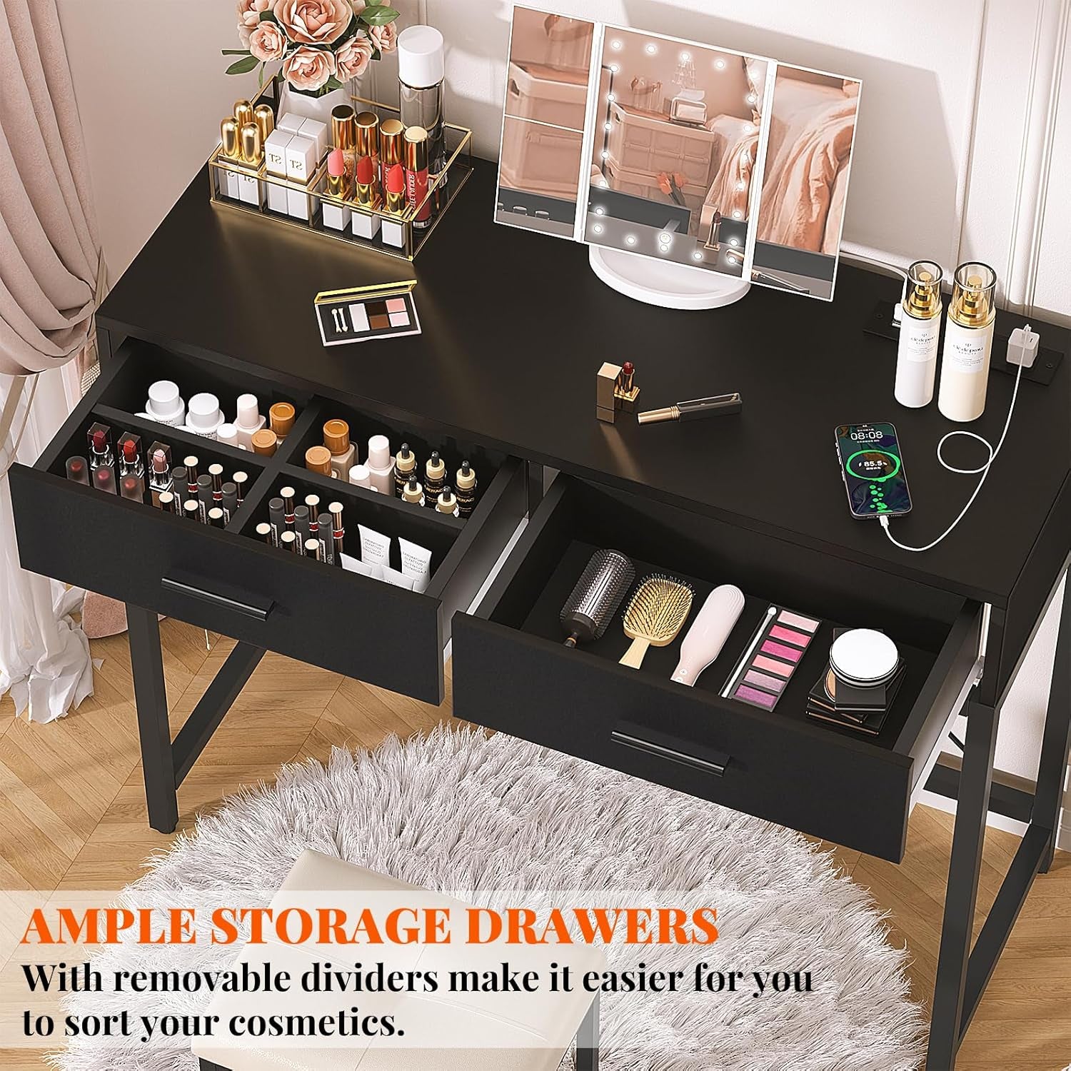 Vanity Desk, Vanity Desk with Mirror and Light, Small Vanitys Set with Drawers, Makeup Desk with Power Outlets, 36'' Makeup Vanitys with Stool, Dressing Table, Black