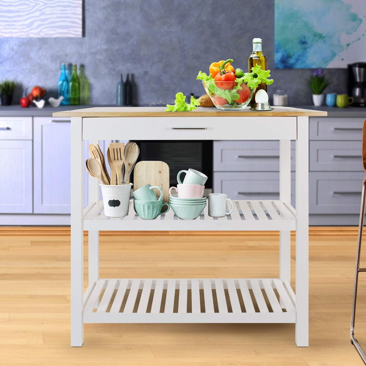 Kitchen Island with Solid American Hardwood Top, Natural/White, 40" W (373-91)