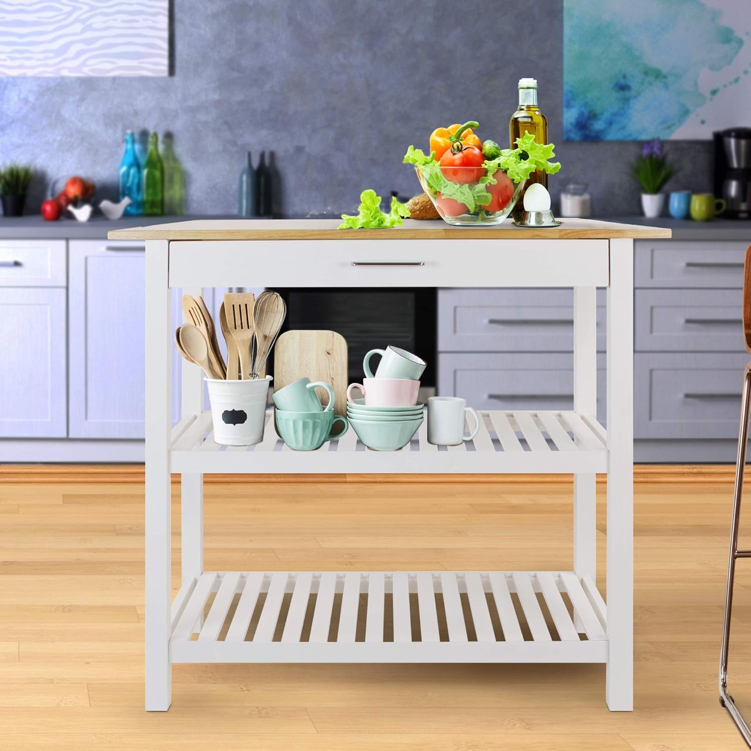 Kitchen Island with Solid American Hardwood Top, Natural/White, 40" W (373-91)