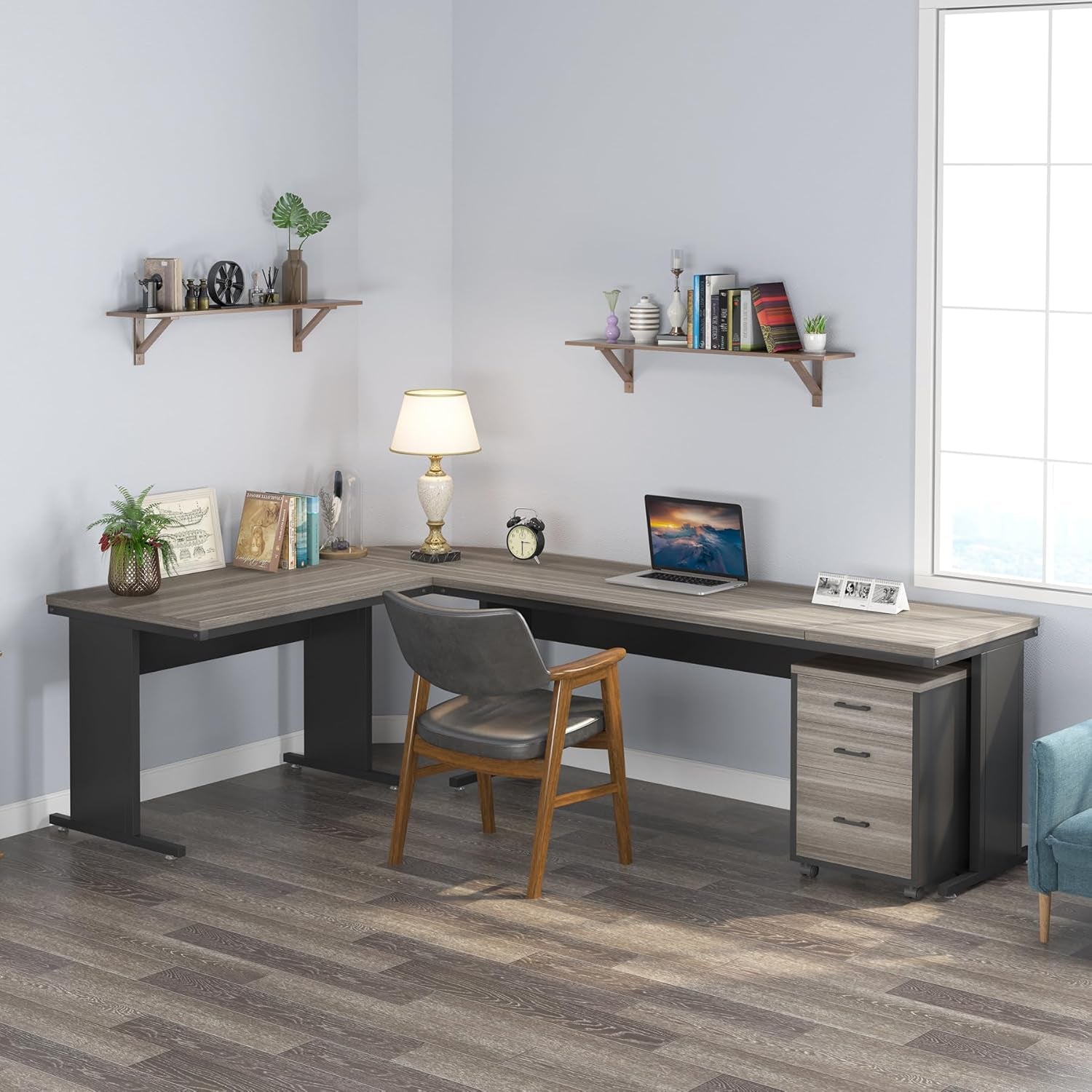 83" L-Shaped Executive Desk, Reversible Modern Office Desk with Drawers & Rolling File Cabinet, Large Corner Computer Desk Business Workstation for Home Office (Gray)