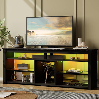 TV Stand for 70 Inch TV, Tall Entertainment Center with 2 Led Lights, Gaming TV Console with Storage for PS5, Modern TV Cabinet for Bedroom, Living Room, Black Marble