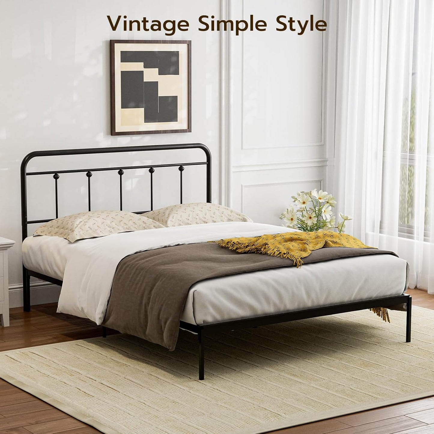Queen Size Headboard with Black Metal Construction, Adjustable Height, Sturdy Farmhouse Wrought Iron Headboards Only