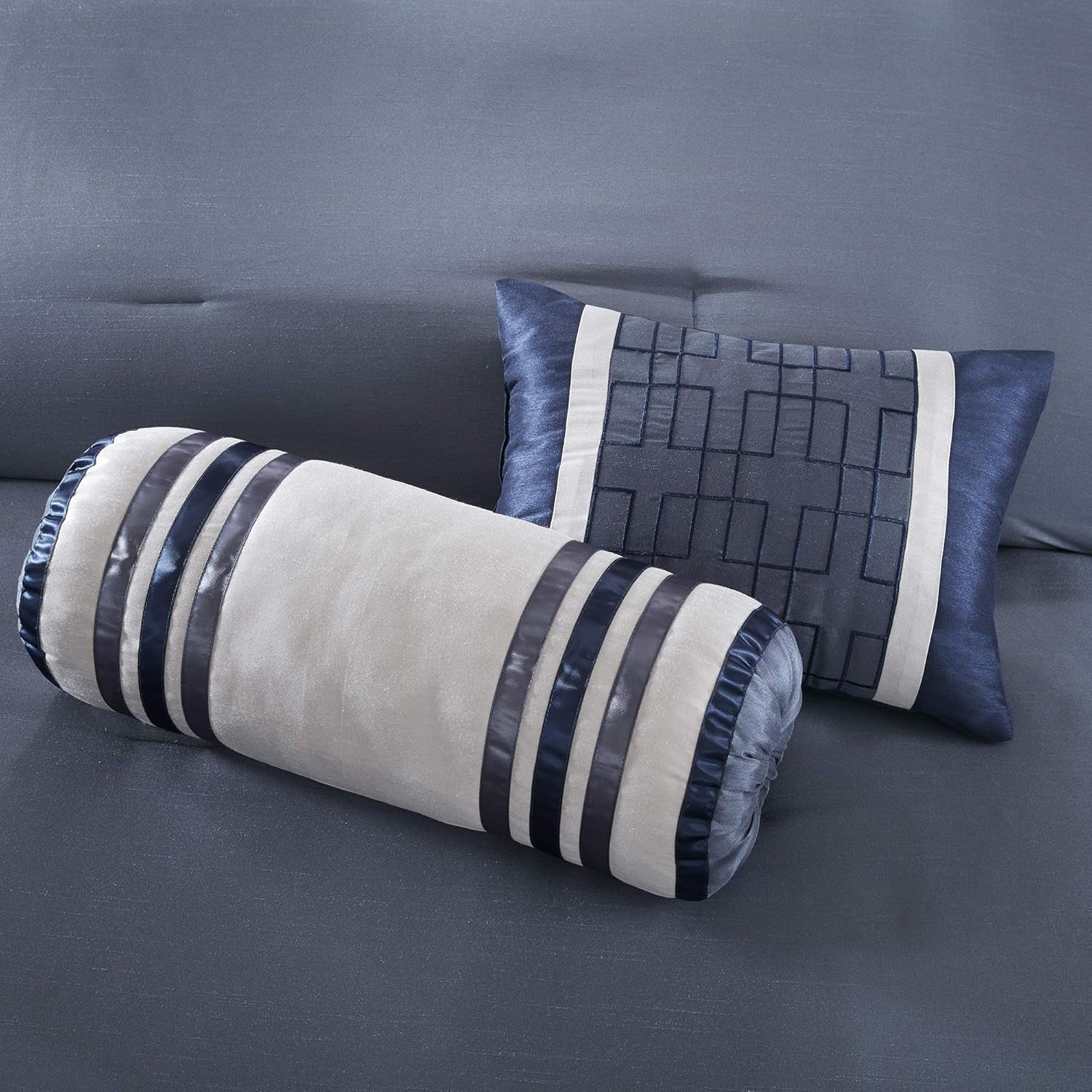 Cozy Comforter Set-Deluxe Hotel Collection, All Season down Alternative Luxury Bedding with Matching Shams, Decorative Pillows, King(104"X92"), Genevieve, Navy 7 Piece