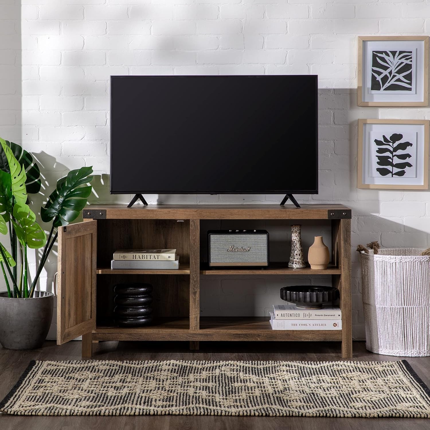 Lewis Single Barn Door Storage Console, 44 Inch, Rustic Oak, without Fireplace