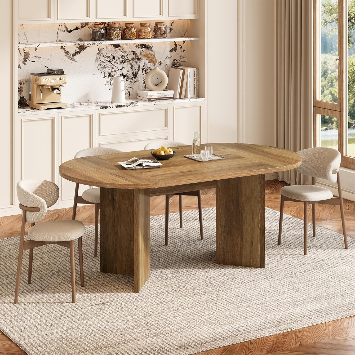 63" Rustic Oval Dining Table for 4-6, Sturdy MDF Farmhouse Kitchen Table with Metal Strip Base, for Living Room, Office, Restaurant, Multi-Use, Umber