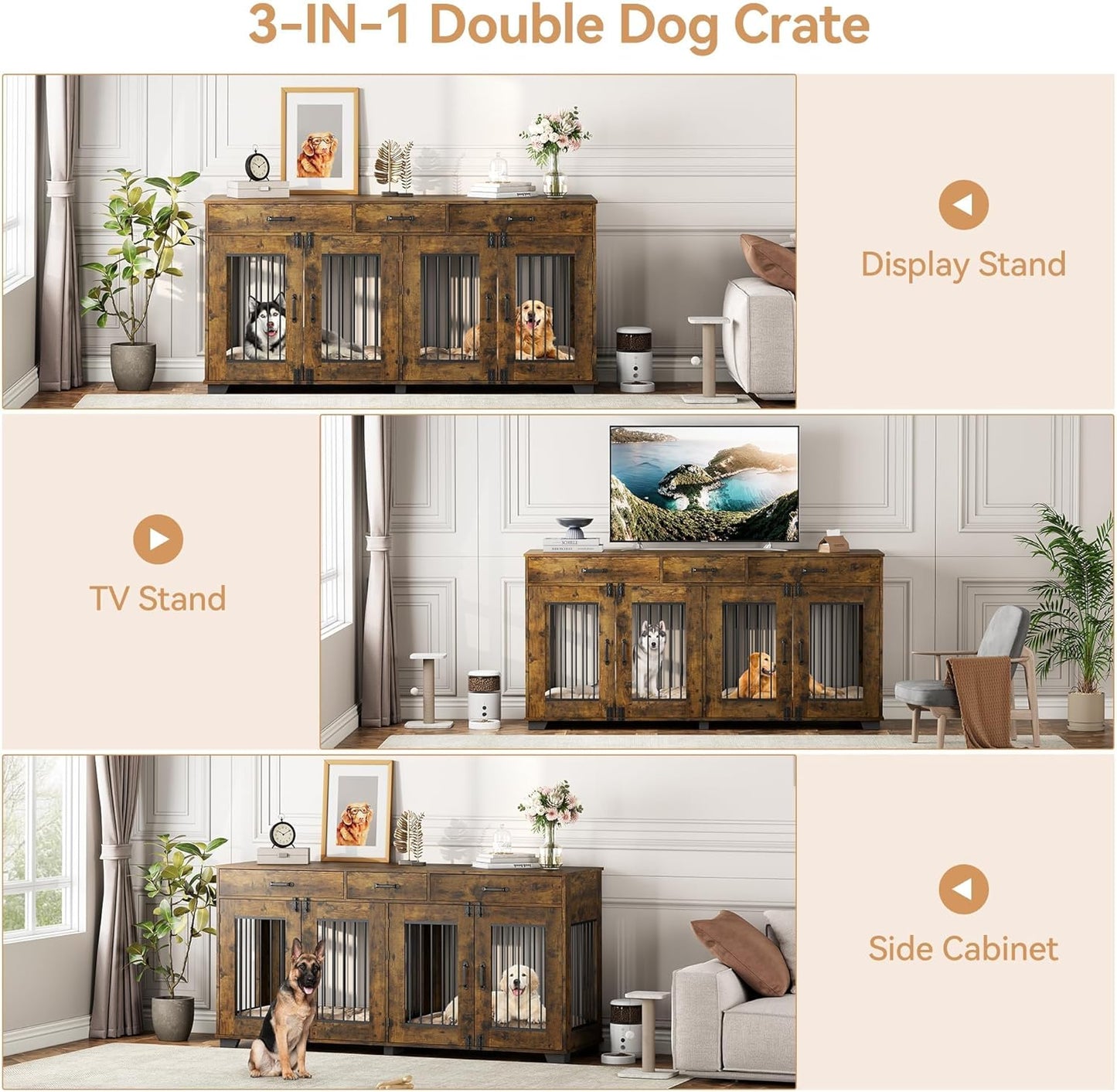 71'' Double Dog Crate Furniture, Large Dog Kennel Indoor with 3 Storage Drawers and Removable Divider for 2 Dogs, Heavy Duty Decorative Dog House TV Stand Side Table for Medium Large Dogs, Brown