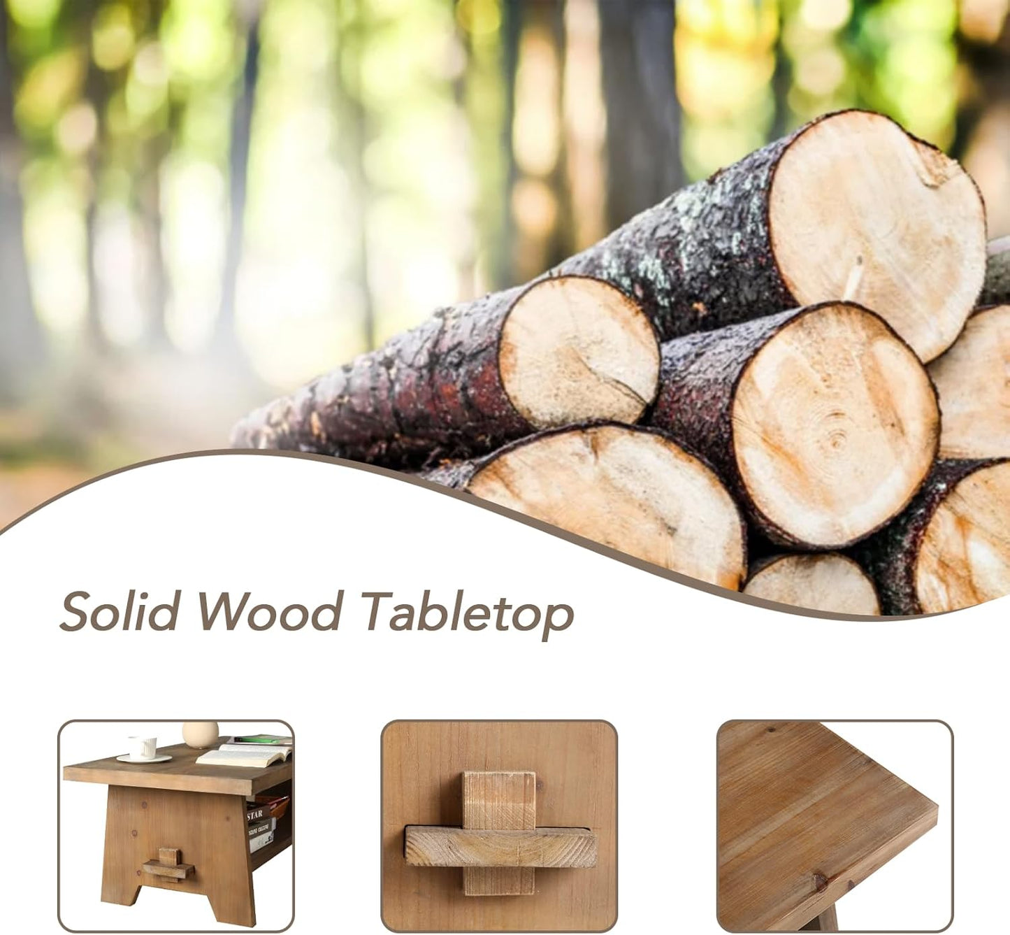 Farmhouse Wood Coffee Table - 43.4” Mid Century Modern Wooden Coffee Tables for Living Room, Solid Firwood Tabletop Rectangle Coffee Table, Center Table for Living Room, Brown