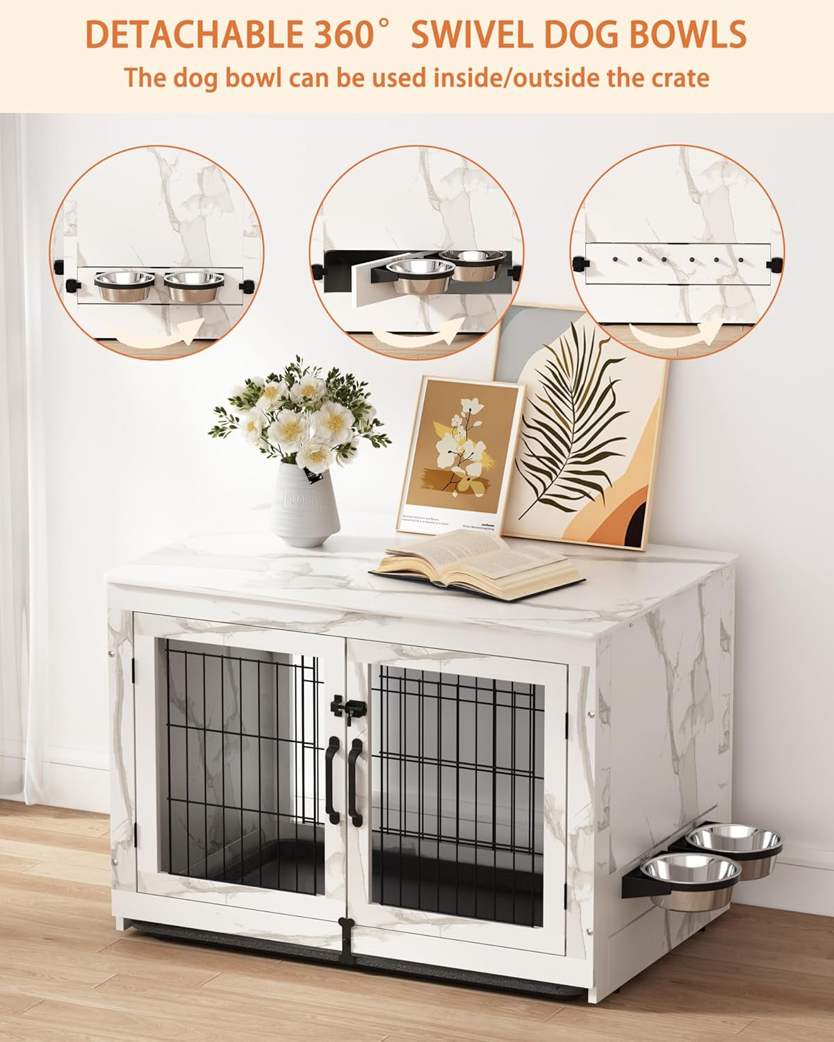 Wooden Dog Crate Furniture with 360°Rotatable Removable Dog Bowls, Dog Crate End Table with Tray, Double Doors Dog Kennels for Dogs(Xl:43.2" L*28.6" W*30.3" H, Marble White)