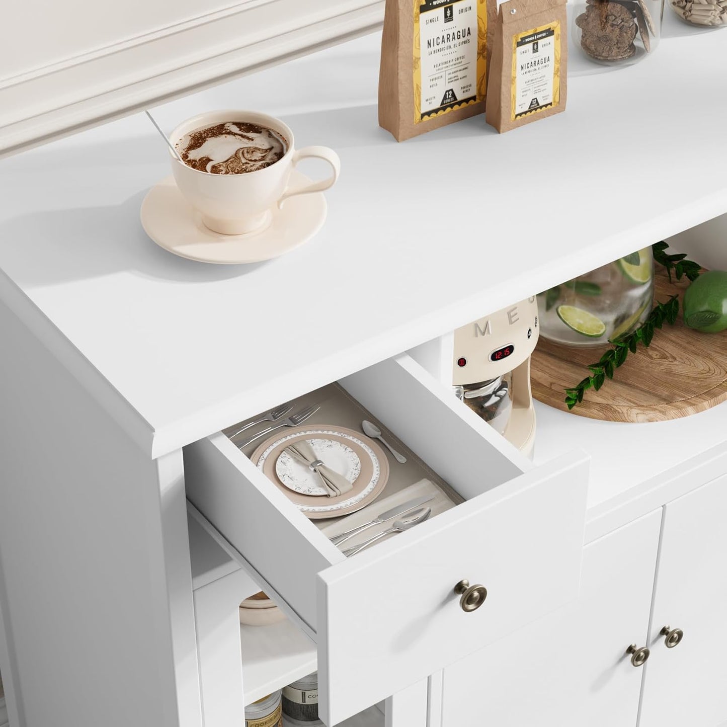 Microwave Cabinet, Kitchen Storage Cabinet with 3 Doors and 1 Drawer, Buffet Sideboard with Adjustable Shelves, Microwave Stand for Kitchen, Dining Room, White