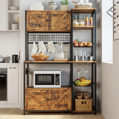 Bakers Rack with 2 Storage Cabinets and Power Outlet, 45.3 Inch Industrial Coffee Bar Cabinet Shelves, Kitchen Microwave Stand with Storage, Vintage Brown