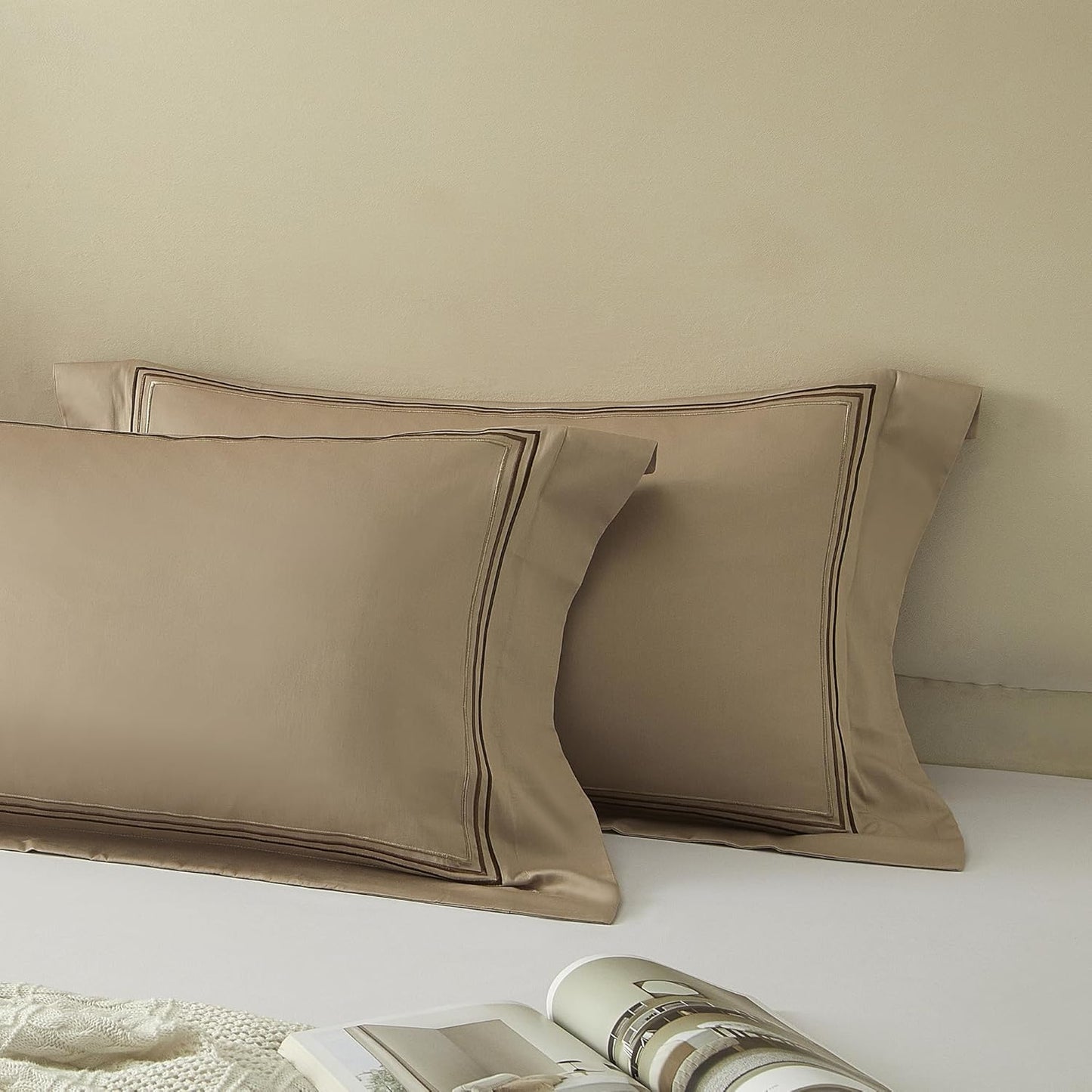 King Size Pillow Shams Set of 2, 100% Cotton Pillowcases with 3 Embroidered, 300TC Elegant Luxury Hotel Decorative Pillow Cases with Envelope Closure, Khaki 20X36 Inches