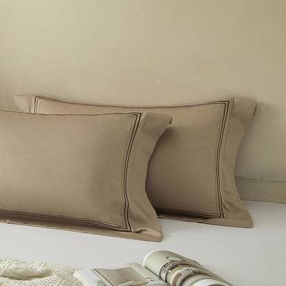 King Size Pillow Shams Set of 2, 100% Cotton Pillowcases with 3 Embroidered, 300TC Elegant Luxury Hotel Decorative Pillow Cases with Envelope Closure, Khaki 20X36 Inches