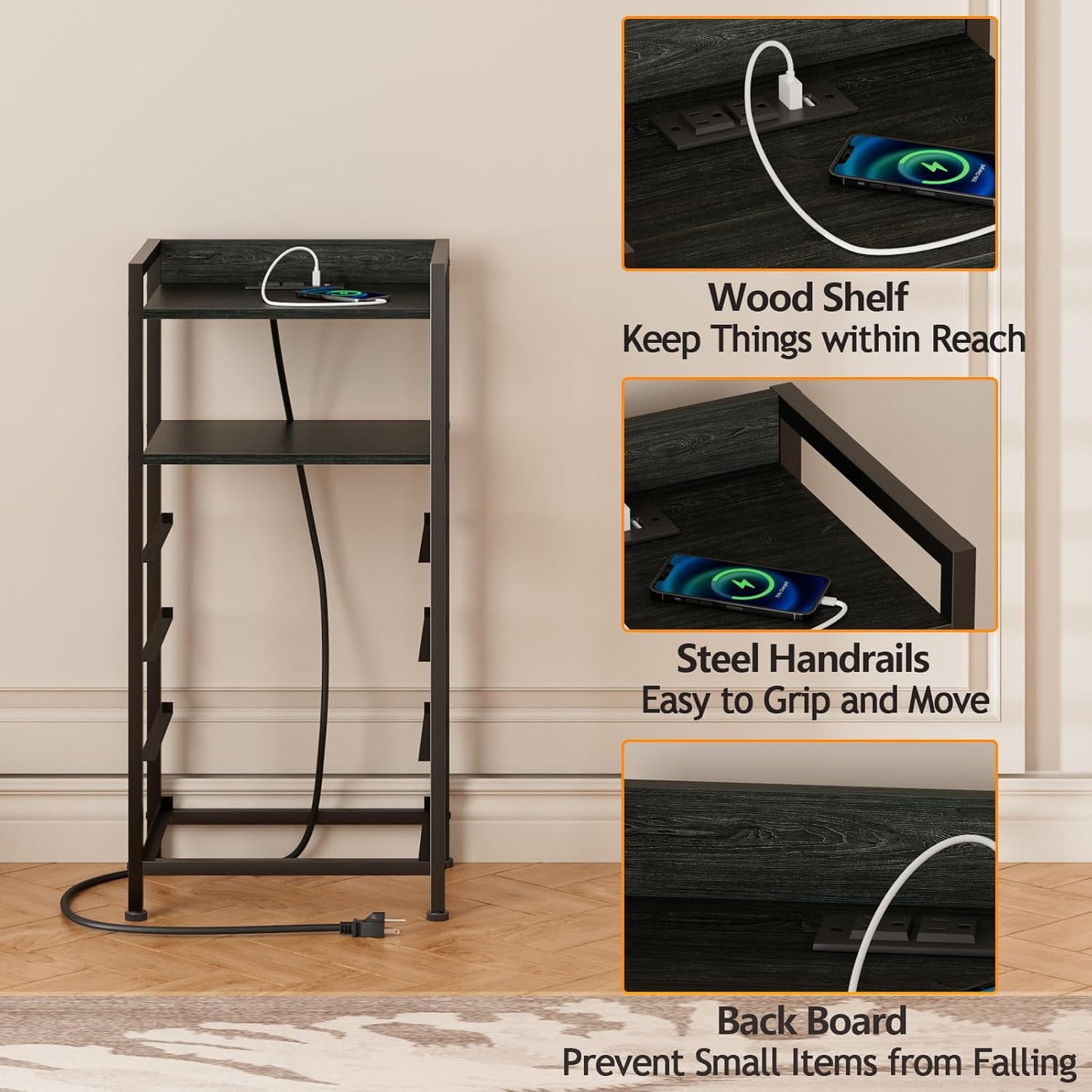 Night Stand with Charging Station, Black Nightstand with Drawers and Led Light, Tall Dresser for Bedroom, Bedside Table with Fabric Storage Bins, Metal Frame, Wood Furniture