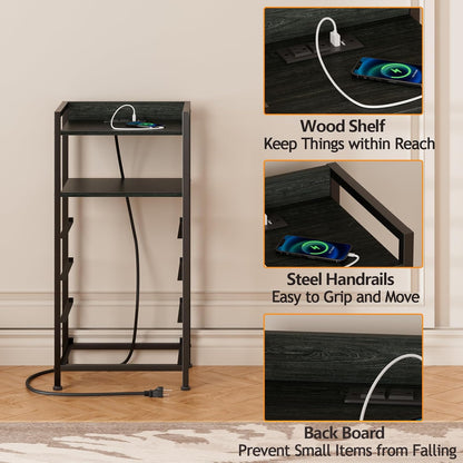 Night Stand with Charging Station, Black Nightstand with Drawers and Led Light, Tall Dresser for Bedroom, Bedside Table with Fabric Storage Bins, Metal Frame, Wood Furniture