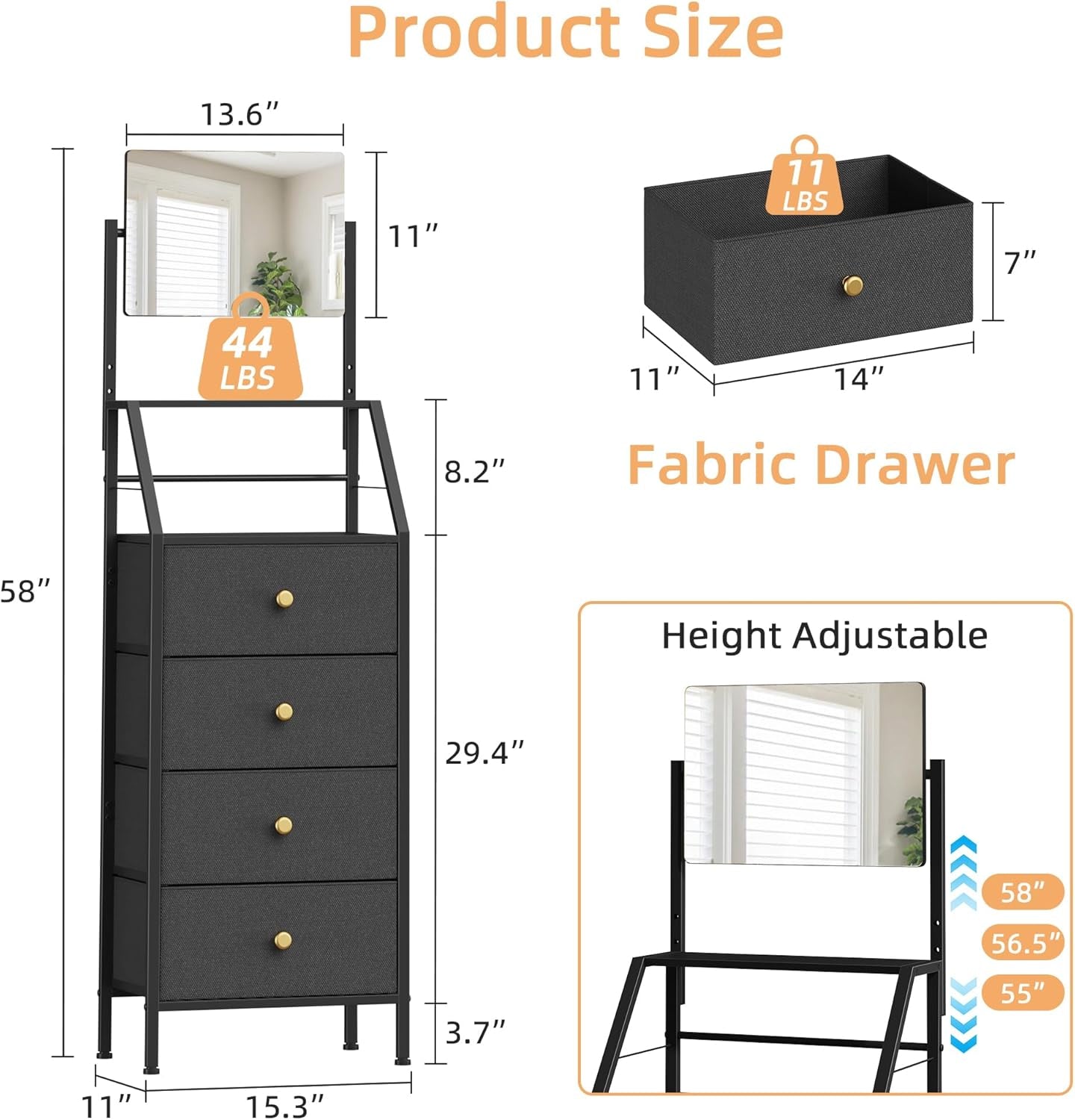Dresser with Mirror, 4 Drawers Dresser with 2-Tier Shelves, Freestanding Fabric Chest of Drawers for Small Space, Tall Narrow Nightstand Vanity for Bedroom, Hallway, Dorm, Black, 15.3" W