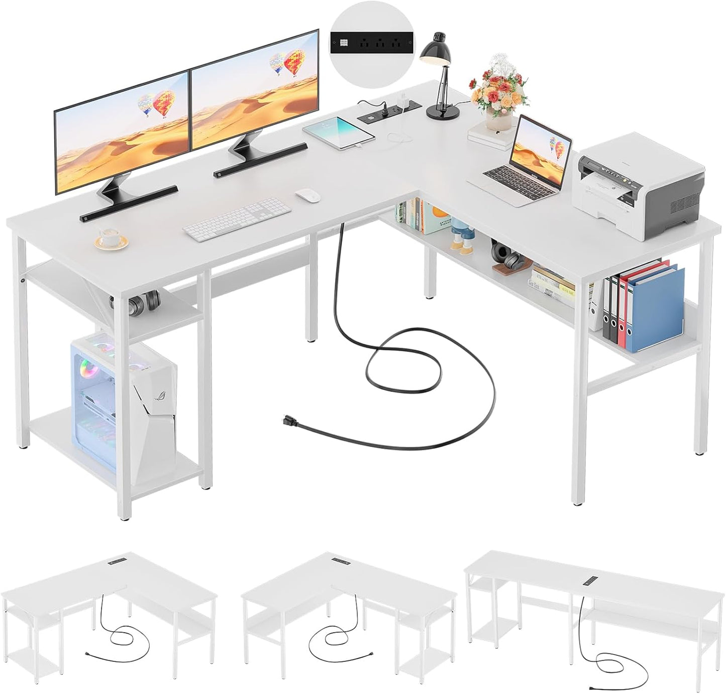 Reversible L Shaped Computer Desk with Magic Power Outlets and USB Charging Ports, Sturdy Corner Desk with Storage Shelves, Durable Work Desk for Home Office, Easy to Assemble, White
