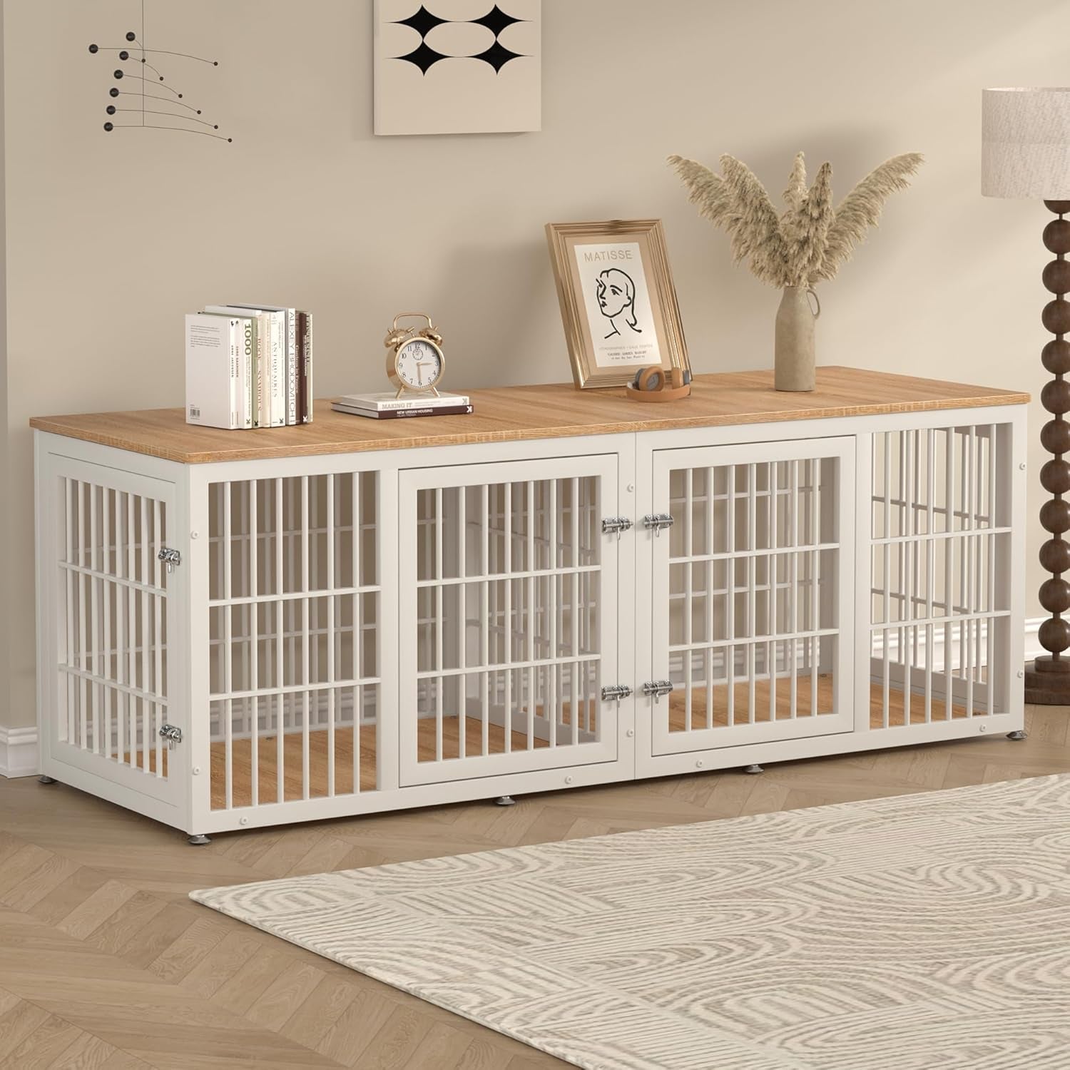 48 Inch Heavy Duty Dog Crate Furniture for Large Dogs, Decorative Pet House End Table, Extra Large Wooden Cage Kennel Furniture Indoor, Natural and White