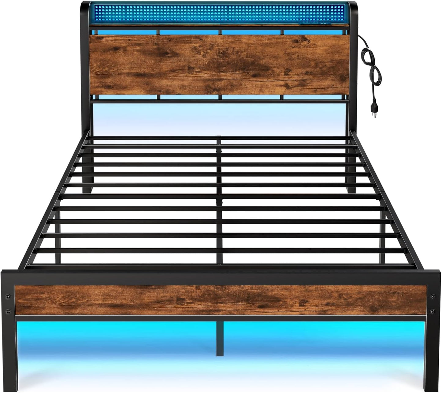 Queen Bed Frame with Headboard Storage, Bed Frame Queen Size with Charging Station and LED Lights No Box Spring Needed,Heavy Duty Steel Slats,Noise Free